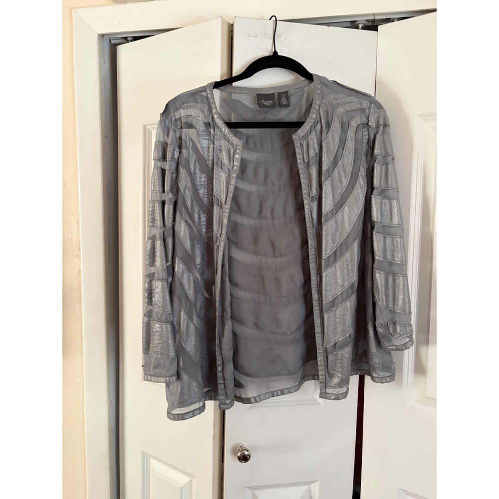 Chico's Travelers Collection Metallic Silver Striped Open Jacket Size 2 (M/L)